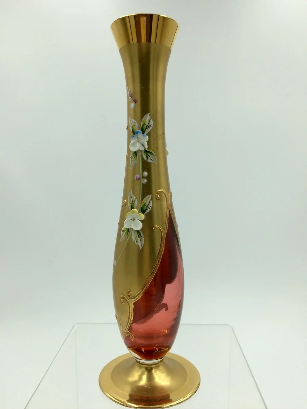 Vintage Czech Bohemian Lead Crystal 24K Gold Gilt Hand-Painted Art Glass Vase